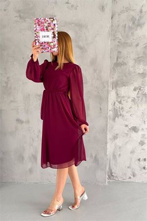 Dipmoda kadın bordo midi boy astarlı şifon elbise DPKKLF2027