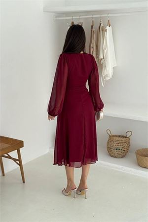 Neşeli butik kadın bordo astarlı tokalı şifon elbise NBK30281