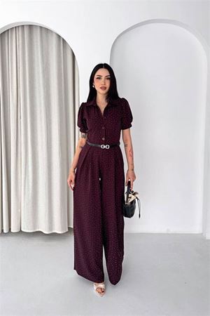 Kadın bordo kemer detaylı tam boy taşlı gömlek yaka tulum DPK4592