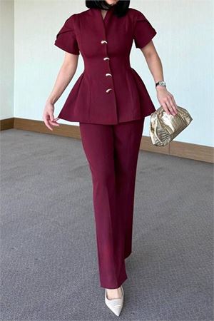 Kadın bordo gold düğme detaylı peplum kesim premium takım DPSTR4423