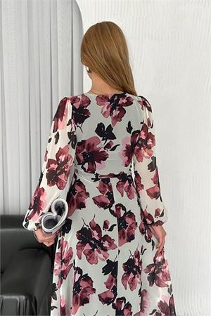 Neşeli butik kadın dönük yaka desenli şifon elbise NBK30441