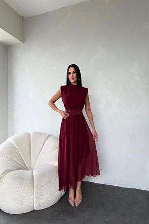 kadın kuşağı taş detaylı midi şifon elbise DPMY3509