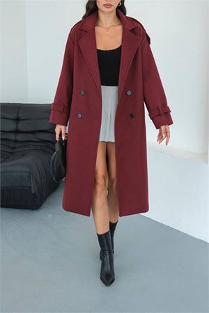 Neşeli butik kadın omuz detaylı bordo kaşe kaban NBMYLK34