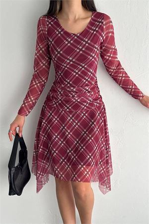 Neşeli butik kadın mini boy desenli asimetrik tül elbise NBK4162