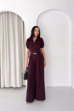 Kadın bordo kemer detaylı tam boy taşlı gömlek yaka tulum DPK4592