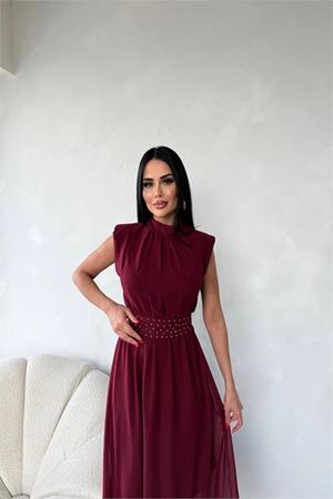 kadın kuşağı taş detaylı midi şifon elbise DPMY3509