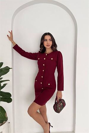 Kadın double kumaş düğmeli uzun kol mini elbise DPK4388