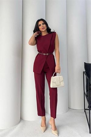 Kadın bordo kemer detaylı yelek pantolon ikili takım DPSTR4061