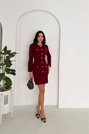 Kadın double kumaş düğmeli uzun kol mini elbise DPK4388