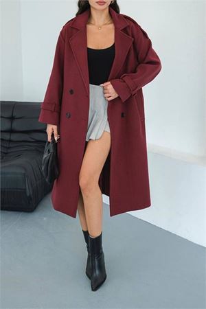 Neşeli butik kadın omuz detaylı bordo kaşe kaban NBMYLK34