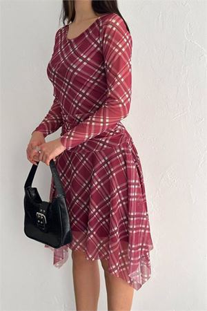 Neşeli butik kadın mini boy desenli asimetrik tül elbise NBK4162