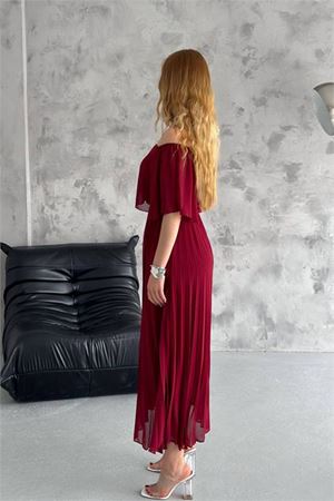 kadın madonna yaka piliseli şifon elbise DPK2099