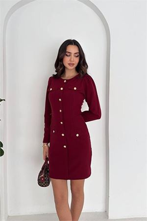 Kadın double kumaş düğmeli uzun kol mini elbise DPK4388