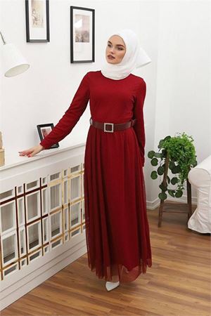 kadın tül kemerli tesettür elbise DPRSSN45 - Bordo