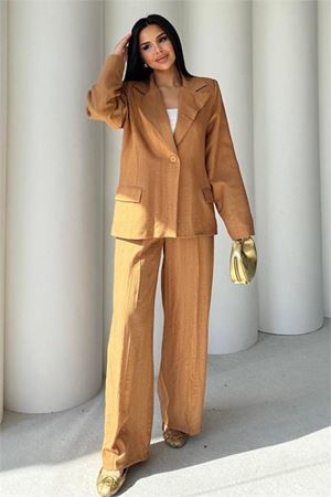 Kadın camel oversize tek düğmeli blazer ceket pantolon takım DPSTR4085