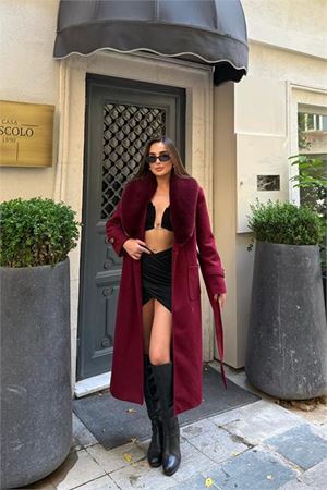 Kadın kaşe kumaş cepli yaka kürklü tam boy kuşaklı kaban DPSTR1003