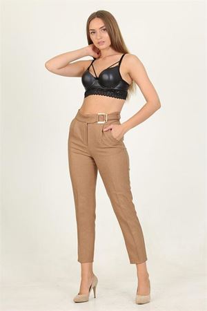 kadın camel metal kemerli cepli ofis pantolon DPQNS028