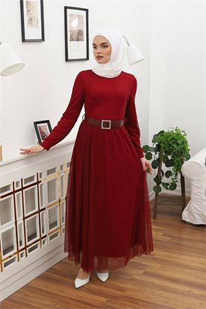 kadın tül kemerli tesettür elbise DPRSSN45 - Bordo