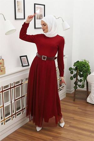 kadın tül kemerli tesettür elbise DPRSSN45 - Bordo
