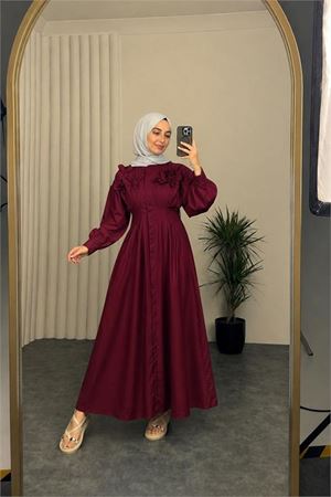 Kadın bordo belden oturtmalı çiçek detaylı premium tesettür elbise DPVQ4933