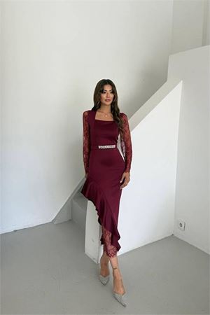 Kadın datelli etek volanlı asimetrik elbise DPNC2603