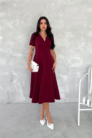 Neşeli butik kadın esnek V-yaka midi boy astarsız elbise NBK4179