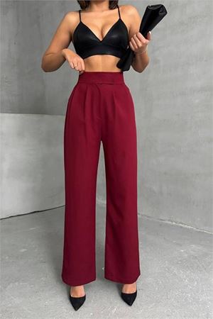 kadın bordo beli cırtlı palazzo kumaş pantolon DPG063