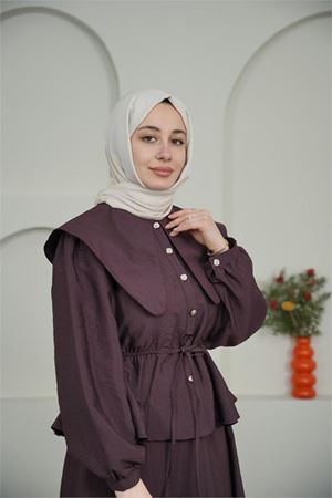 Kadın bordo pelerin yaka etekli tesettür takım DPVQ3134
