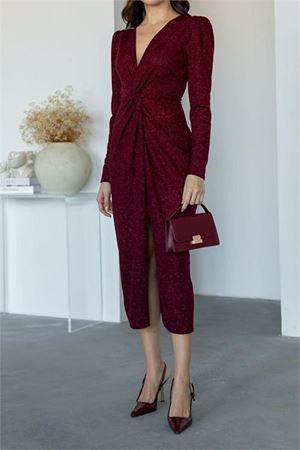 Neşeli butik kadın büzgü detaylı simli gece elbisesi NBMY3633