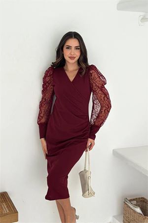 Kadın midi boy bordo kolu tül detaylı bel drapeli örme elbise DPK4375