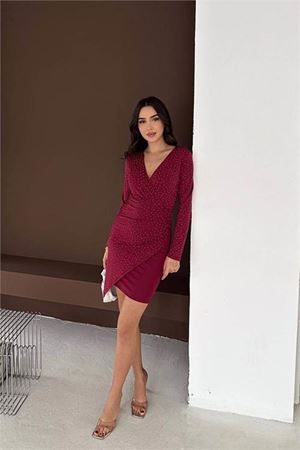 Kadın bordo taş detaylı uzun kol drapeli V yaka mini boy elbise DPK071