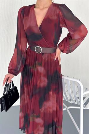 Neşeli butik kadın astarlı midi boy şifon elbise NBK20301