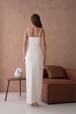 Neşeli butik kadın taş detaylı askılı uzun abiye elbise NBS9367