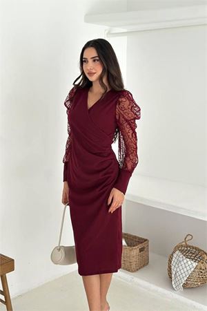 Kadın midi boy bordo kolu tül detaylı bel drapeli örme elbise DPK4375