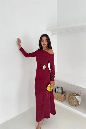 Kadın tek omuzlu maxi boy tokalı elbise DPK4361