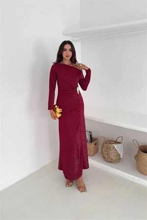Kadın tek omuzlu maxi boy tokalı elbise DPK4361