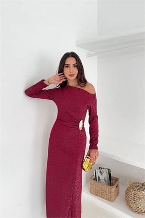 Kadın tek omuzlu maxi boy tokalı elbise DPK4361