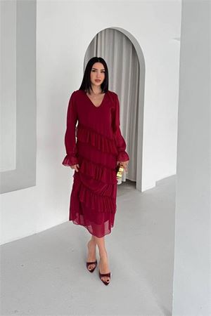 Kadın bordo V yaka kat kat fırfır detaylı midi boy şifon elbise DPK079