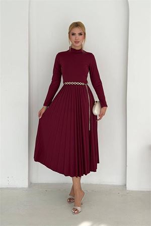 Kadın dik yaka uzun kollu piliseli midi elbise DPK4400
