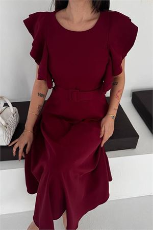 Kadın bordo kemer detaylı kol fırfırlı midi boy elbise DPK4559