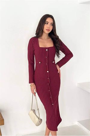 Kadın çizgili desen kare yaka midi boy düğme detaylı elbise DPK069
