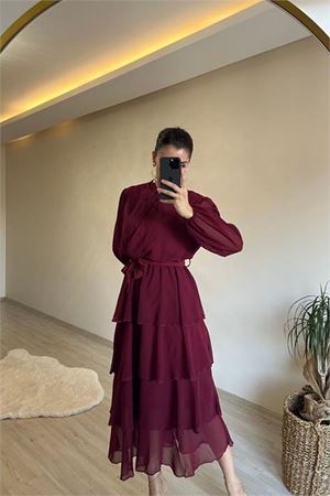 Kadın volanlı katkat şifon kumaş elbise DPNM004