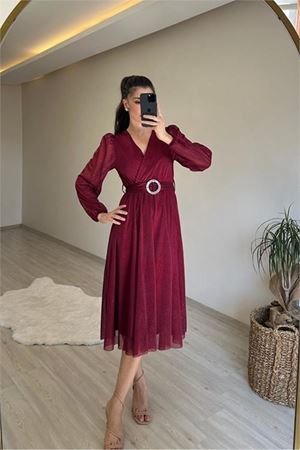 Kadın simli kumaş kemerli midi elbise DPNM009