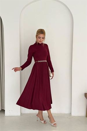 Kadın dik yaka uzun kollu piliseli midi elbise DPK4400