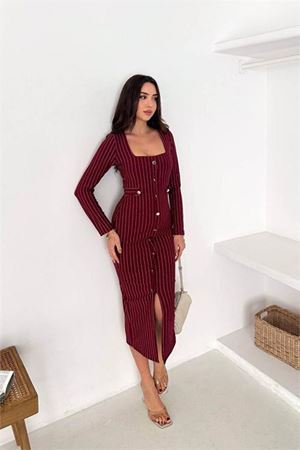 Kadın çizgili desen kare yaka midi boy düğme detaylı elbise DPK069