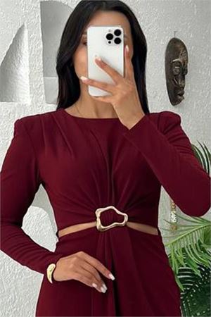 Kadın tokalı bel detaylı midi elbise DPMY3655