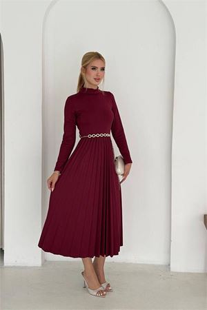 Kadın dik yaka uzun kollu piliseli midi elbise DPK4400