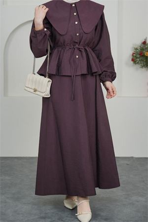 Kadın bordo pelerin yaka etekli tesettür takım DPVQ3134