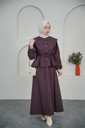 Kadın bordo pelerin yaka etekli tesettür takım DPVQ3134