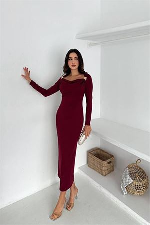 Kadın kayık yaka gol aksesuarlı elbise DPK4386